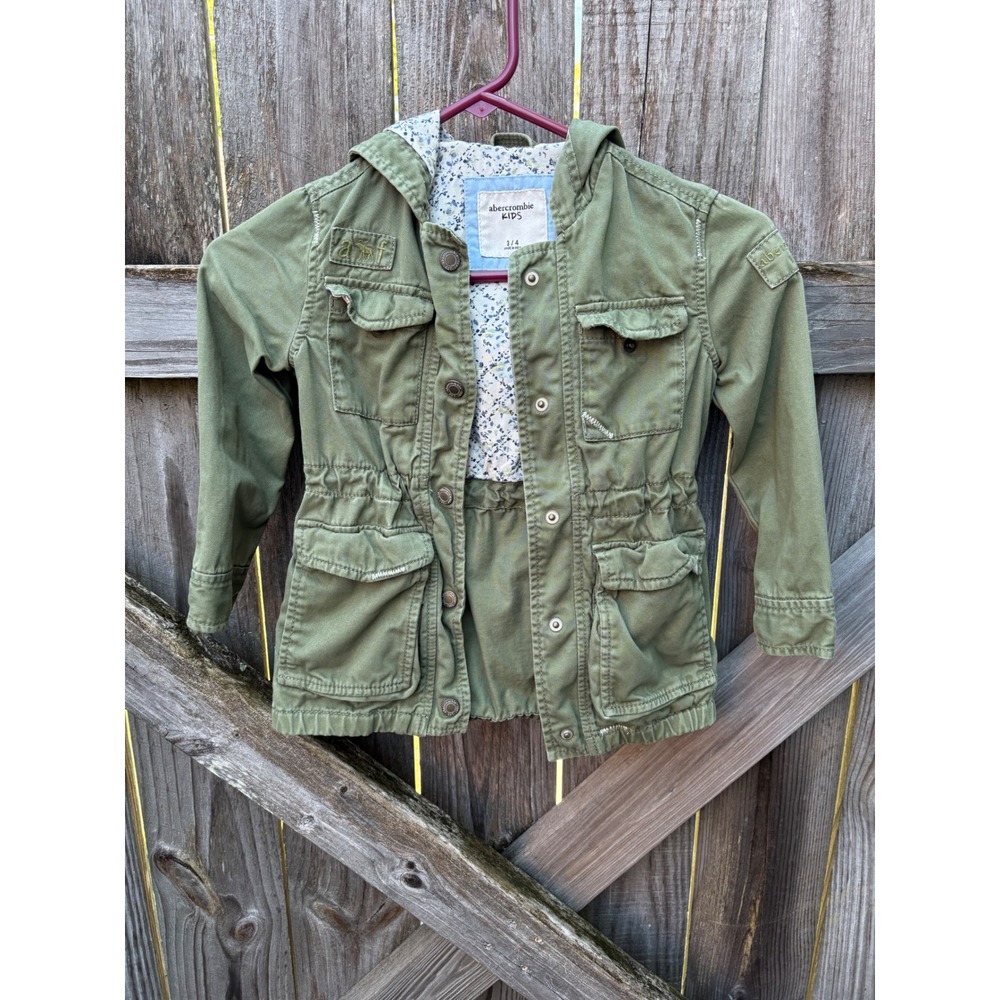 Abercrombie Kids Olive Green Utility Field Jacket Hooded Floral Lining Size 3/4